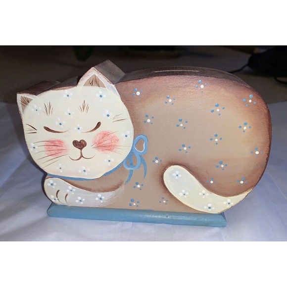 Vintage Folk Art Cat Carved Wood Bank Hand Painted Blue Flowers Tan Brown 6” - Picture 10 of 12